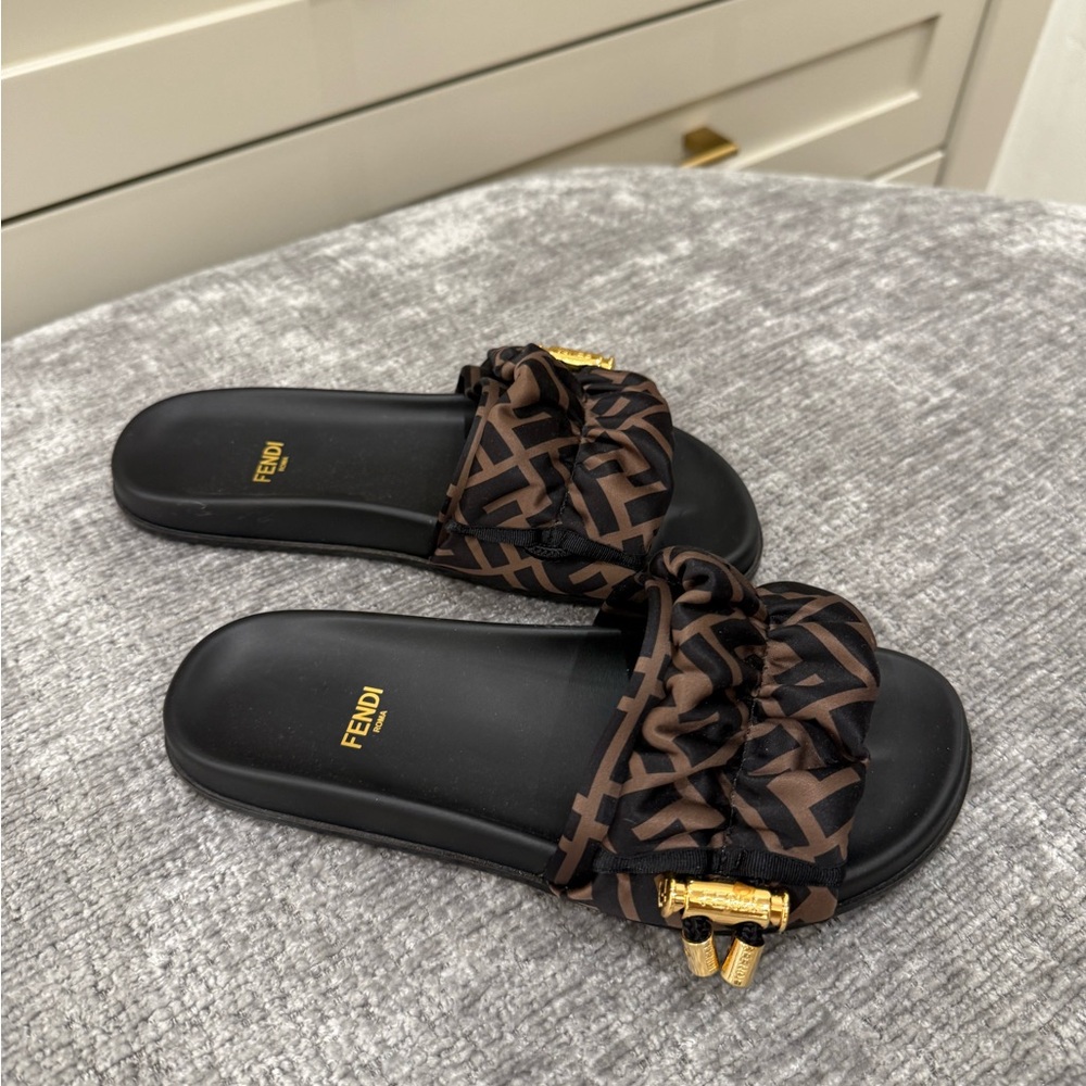 Fendi Brown Satin Slides - Picture 5 of 8